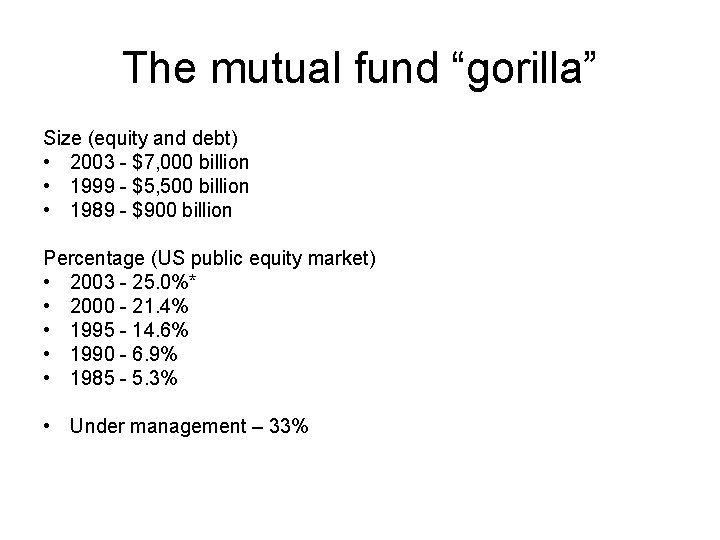 The mutual fund “gorilla” Size (equity and debt) • 2003 - $7, 000 billion