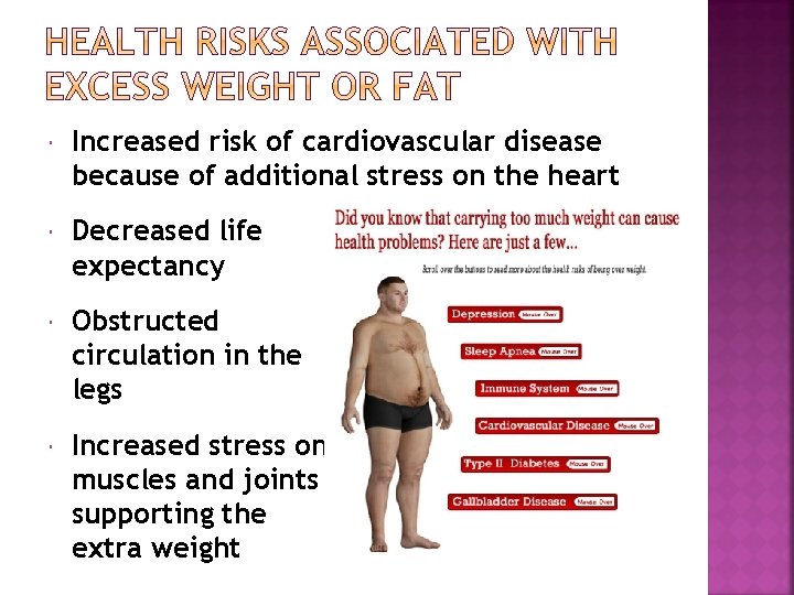  Increased risk of cardiovascular disease because of additional stress on the heart Decreased