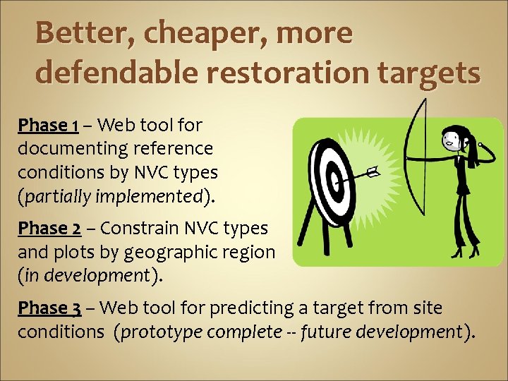 Better, cheaper, more defendable restoration targets Phase 1 – Web tool for documenting reference