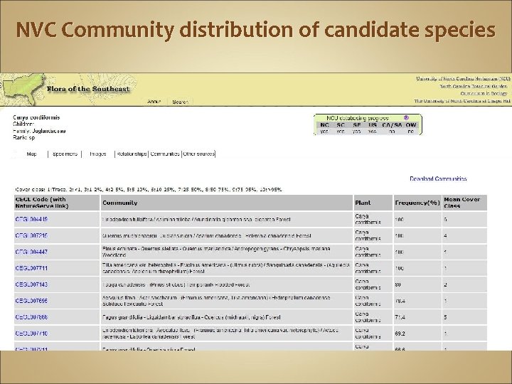 NVC Community distribution of candidate species 