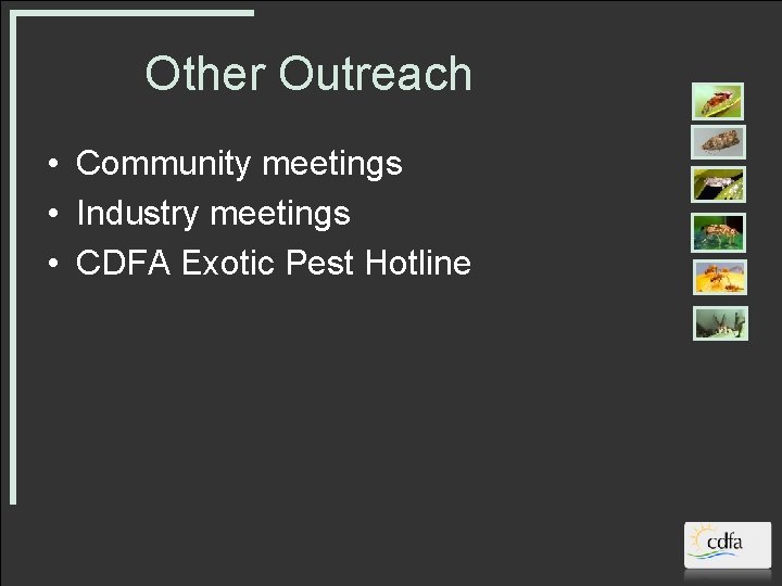 Other Outreach • Community meetings • Industry meetings • CDFA Exotic Pest Hotline 