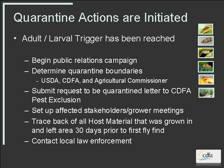 Quarantine Actions are Initiated • Adult / Larval Trigger has been reached – Begin