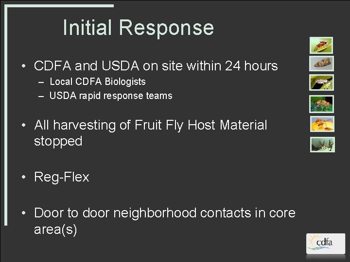 Initial Response • CDFA and USDA on site within 24 hours – Local CDFA