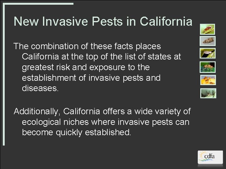 New Invasive Pests in California The combination of these facts places California at the