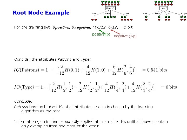 Root Node Example For the training set, 6 positives, 6 negatives, H(6/12, 6/12) =