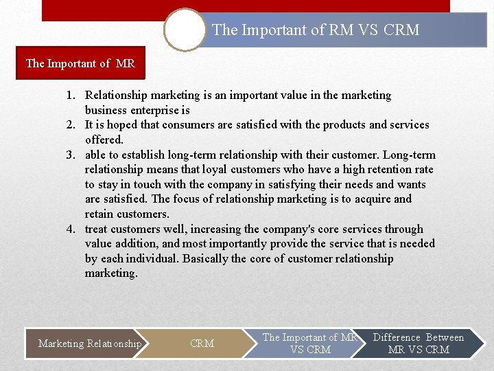 The Important of RM VS CRM The Important of MR 1. Relationship marketing is