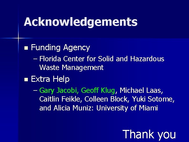 Acknowledgements n Funding Agency – Florida Center for Solid and Hazardous Waste Management n