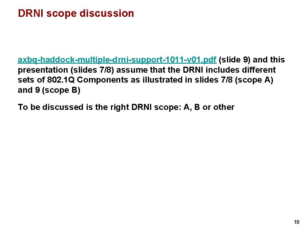 DRNI scope discussion axbq-haddock-multiple-drni-support-1011 -v 01. pdf (slide 9) and this presentation (slides 7/8) DRNI scope discussion axbq-haddock-multiple-drni-support-1011 -v 01. pdf (slide 9) and this presentation (slides 7/8)