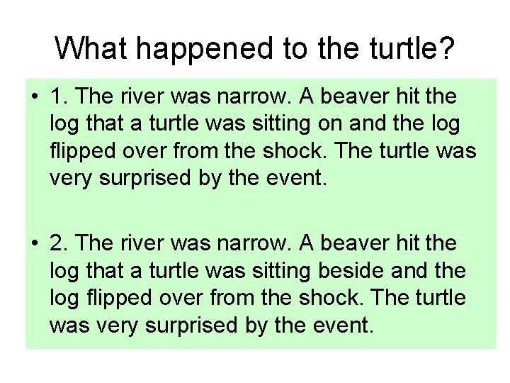 What happened to the turtle? • 1. The river was narrow. A beaver hit What happened to the turtle? • 1. The river was narrow. A beaver hit