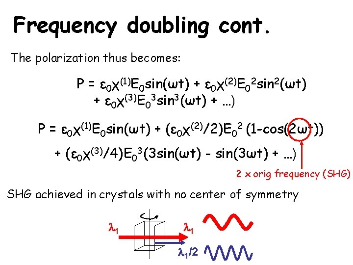 Frequency doubling cont. The polarization thus becomes: P = ε 0χ(1)E 0 sin(ωt) +