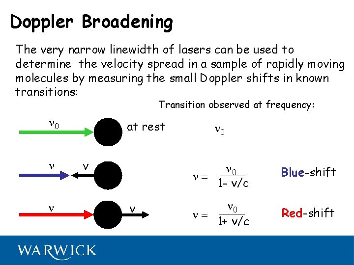 Doppler Broadening The very narrow linewidth of lasers can be used to determine the