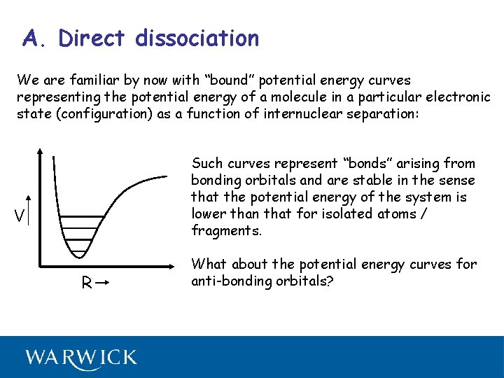 A. Direct dissociation We are familiar by now with “bound” potential energy curves representing