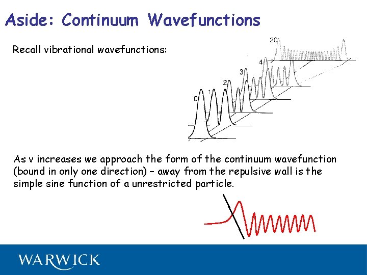 Aside: Continuum Wavefunctions Recall vibrational wavefunctions: As v increases we approach the form of