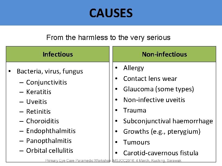 CAUSES From the harmless to the very serious Infectious • Bacteria, virus, fungus –