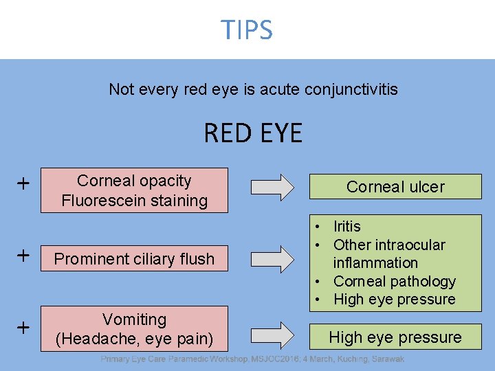 TIPS Not every red eye is acute conjunctivitis RED EYE + Corneal opacity Fluorescein