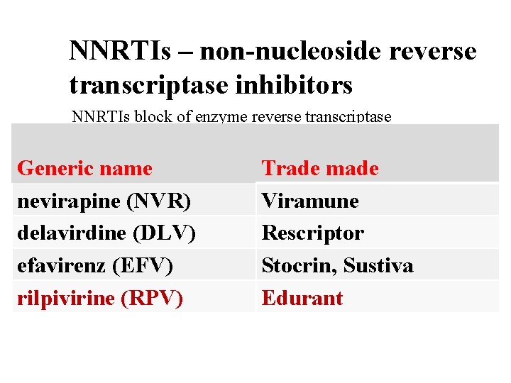 NNRTIs – non-nucleoside reverse transcriptase inhibitors NNRTIs block of enzyme reverse transcriptase Generic name