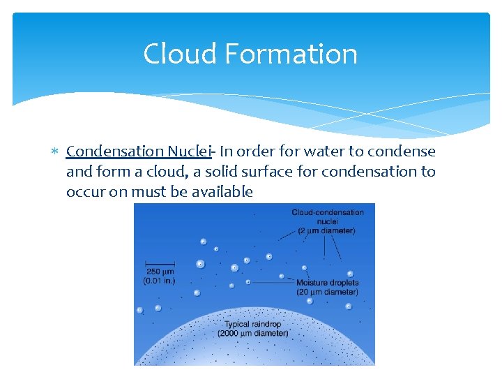 Cloud Formation Condensation Nuclei- In order for water to condense and form a cloud,