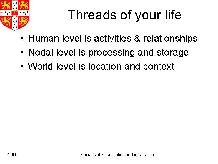 Threads of your life • Human level is activities & relationships • Nodal level