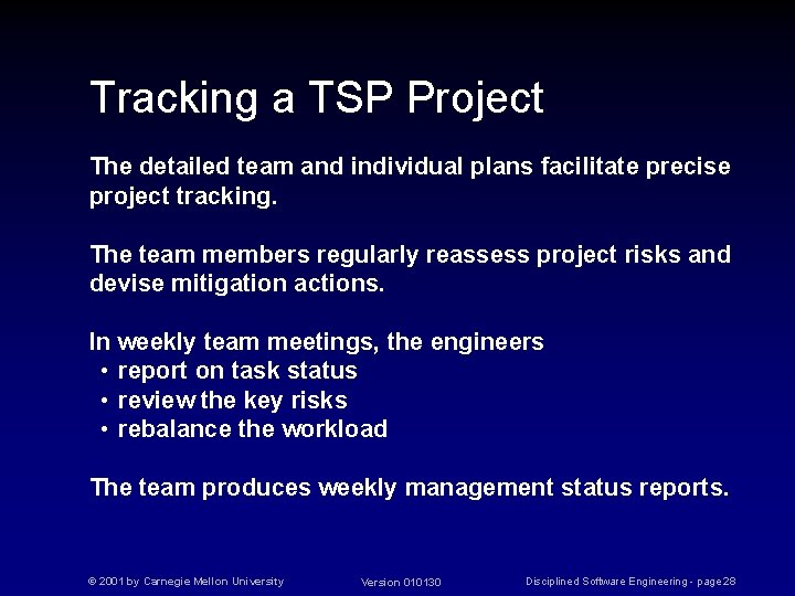 Tracking a TSP Project The detailed team and individual plans facilitate precise project tracking.