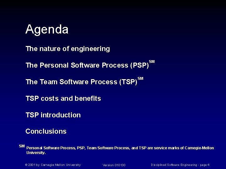 Agenda The nature of engineering The Personal Software Process (PSP) The Team Software Process