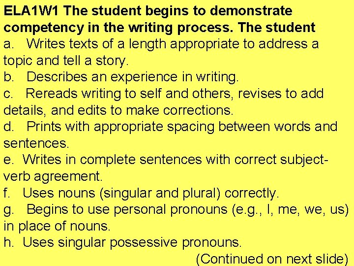 ELA 1 W 1 The student begins to demonstrate competency in the writing process.