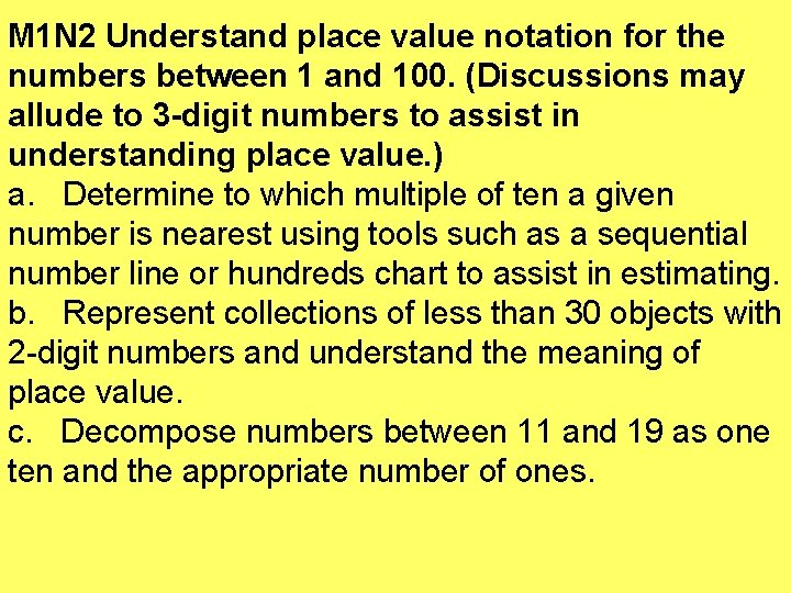 M 1 N 2 Understand place value notation for the numbers between 1 and