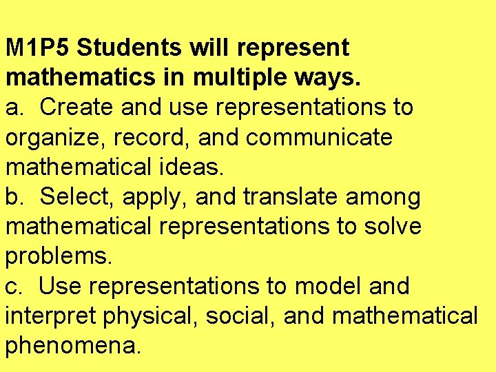M 1 P 5 Students will represent mathematics in multiple ways. a. Create and