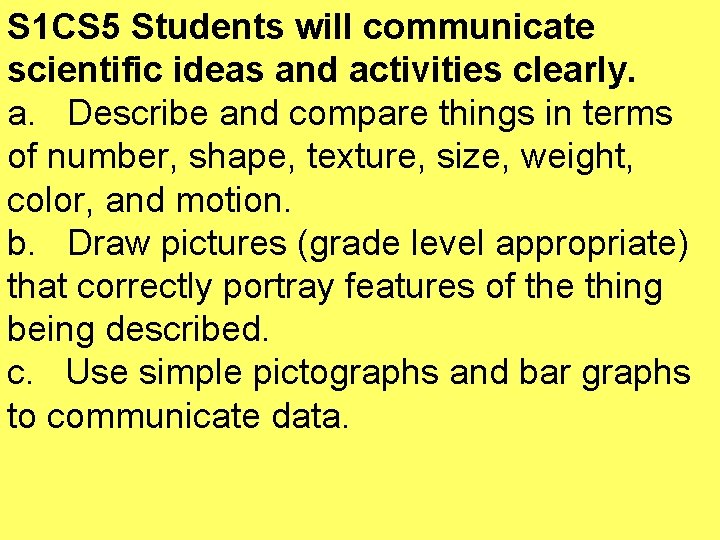 S 1 CS 5 Students will communicate scientific ideas and activities clearly. a. Describe