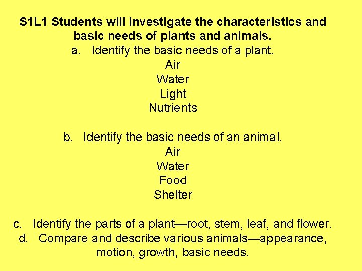 S 1 L 1 Students will investigate the characteristics and basic needs of plants