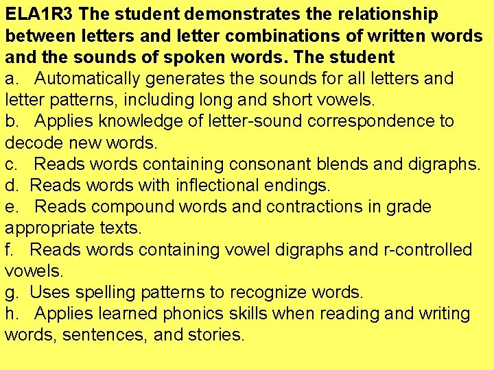ELA 1 R 3 The student demonstrates the relationship between letters and letter combinations
