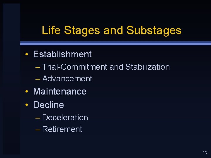 Life Stages and Substages • Establishment – Trial-Commitment and Stabilization – Advancement • Maintenance