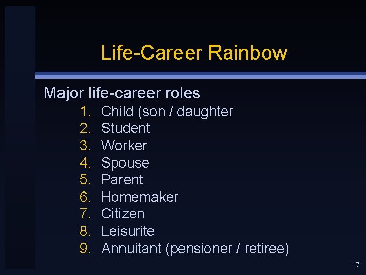 Life-Career Rainbow Major life-career roles 1. 2. 3. 4. 5. 6. 7. 8. 9.