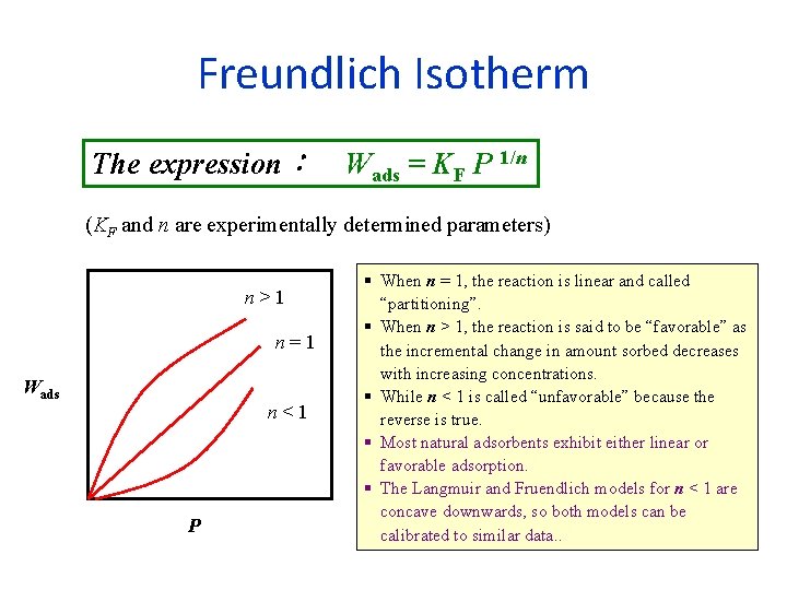 Freundlich Isotherm The expression： Wads = KF P 1/n (KF and n are experimentally