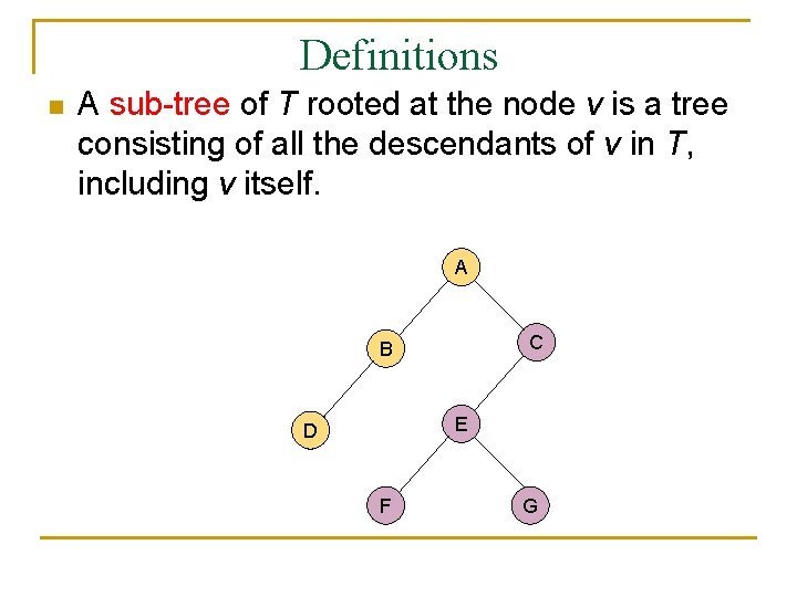 Definitions n A sub-tree of T rooted at the node v is a tree