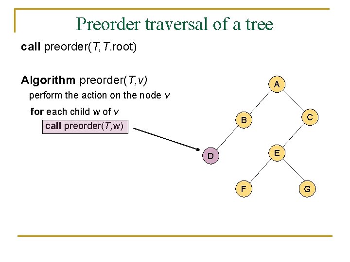 Preorder traversal of a tree call preorder(T, T. root) Algorithm preorder(T, v) A perform