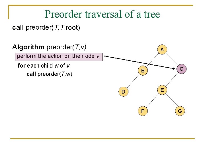 Preorder traversal of a tree call preorder(T, T. root) Algorithm preorder(T, v) A perform