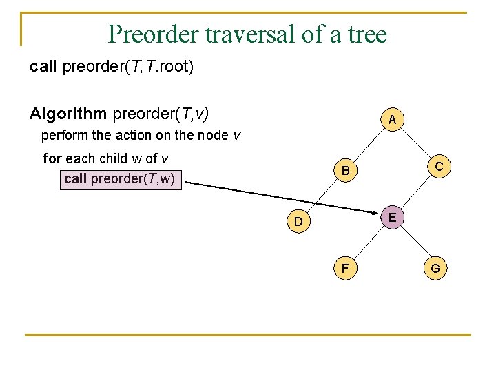 Preorder traversal of a tree call preorder(T, T. root) Algorithm preorder(T, v) A perform