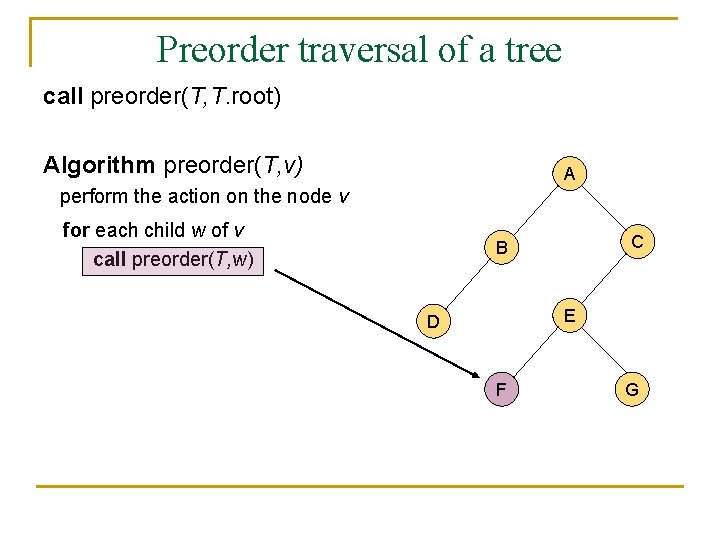 Preorder traversal of a tree call preorder(T, T. root) Algorithm preorder(T, v) A perform