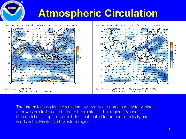 Atmospheric Circulation The anomalous cyclonic circulation low level with anomalous easterly winds over western