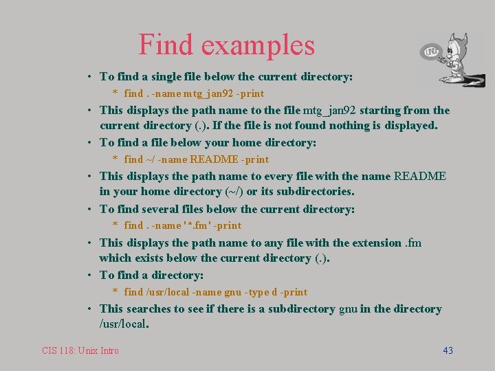 Find examples • To find a single file below the current directory: * find.