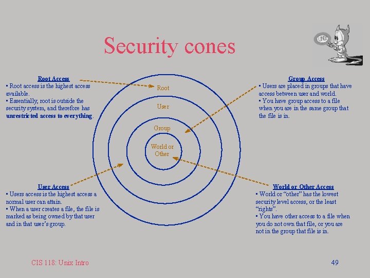 Security cones Root Access • Root access is the highest access available. • Essentially,