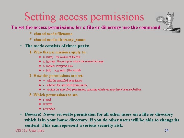 Setting access permissions To set the access permissions for a file or directory use