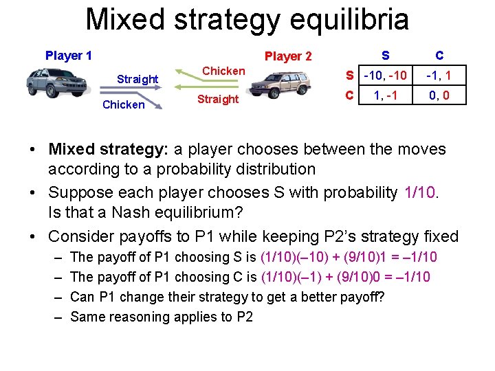 Mixed strategy equilibria Player 1 S Player 2 Straight Chicken Straight C S -10,