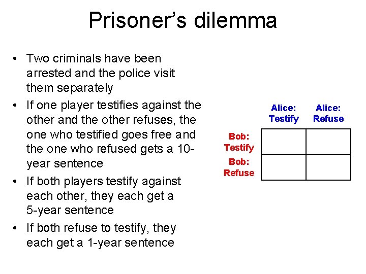 Prisoner’s dilemma • Two criminals have been arrested and the police visit them separately