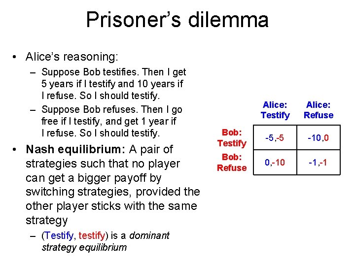 Prisoner’s dilemma • Alice’s reasoning: – Suppose Bob testifies. Then I get 5 years