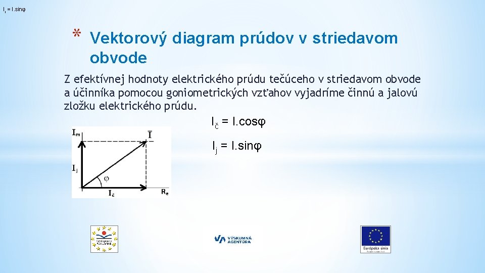 Ij = I. sinφ * Vektorový diagram prúdov v striedavom obvode Z efektívnej hodnoty