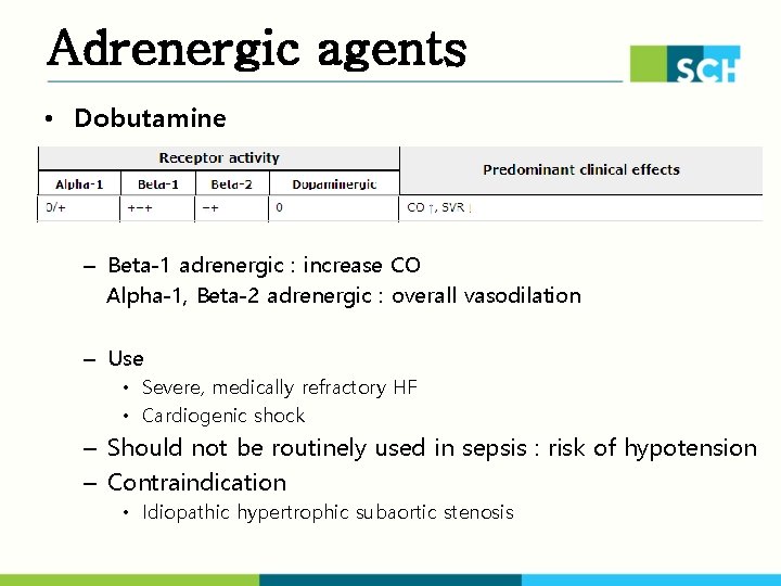 Adrenergic agents • Dobutamine – Beta-1 adrenergic : increase CO Alpha-1, Beta-2 adrenergic :