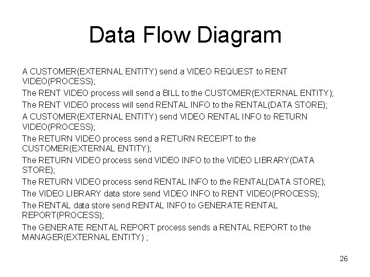 Data Flow Diagram A CUSTOMER(EXTERNAL ENTITY) send a VIDEO REQUEST to RENT VIDEO(PROCESS); The