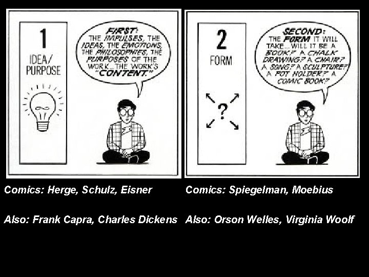 Comics: Herge, Schulz, Eisner Comics: Spiegelman, Moebius Also: Frank Capra, Charles Dickens Also: Orson Comics: Herge, Schulz, Eisner Comics: Spiegelman, Moebius Also: Frank Capra, Charles Dickens Also: Orson