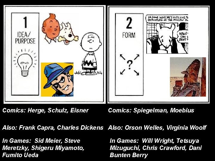 Comics: Herge, Schulz, Eisner Comics: Spiegelman, Moebius Also: Frank Capra, Charles Dickens Also: Orson Comics: Herge, Schulz, Eisner Comics: Spiegelman, Moebius Also: Frank Capra, Charles Dickens Also: Orson